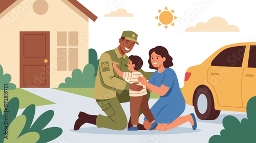 Soldier Homecoming with Family Reunion in Front of House Illustration
