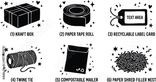 Black and white line art eco packaging elements including kraft box twine tape label compostable mailer and paper shred filler nest