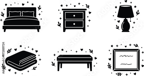 Black and white silhouette of bedroom furniture icons with decorative hearts and stars