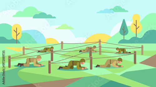 Soldiers training on an outdoor military obstacle course illustration