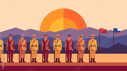 Military Soldiers in Uniform Flat Illustration at Sunrise