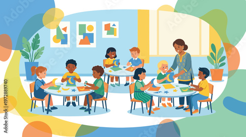 Diverse preschool children and teacher doing arts and crafts in class