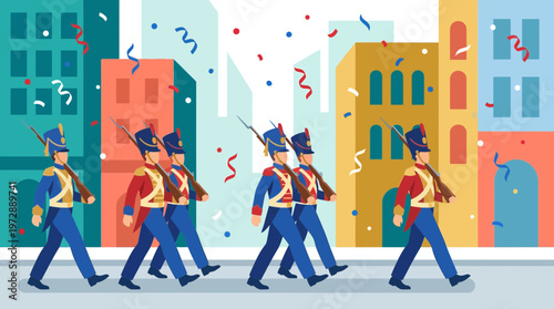 Military Parade Celebration with Soldiers Marching in City