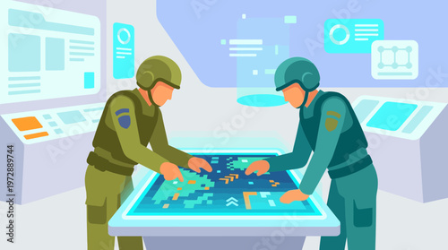 Futuristic Military Commanders Planning Mission in Command Center