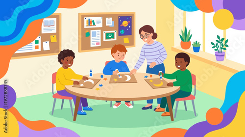 Diverse children and teacher doing creative crafts in school classroom