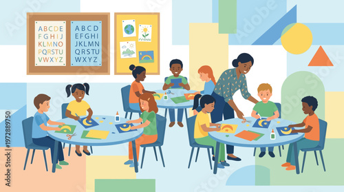 Diverse Preschool Children and Teacher in Creative Arts Classroom