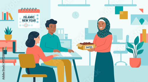 Diverse colleagues celebrating Islamic New Year with traditional dates
