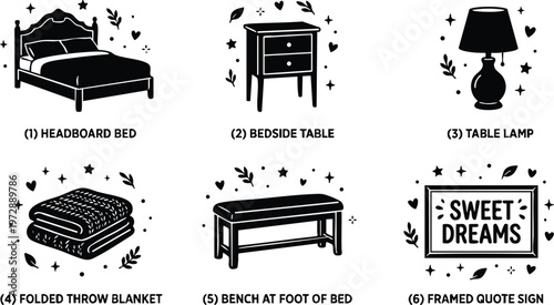 Black and white headboard bed bedside table and lamp with folded throw blanket and sweet dreams framed quote sign