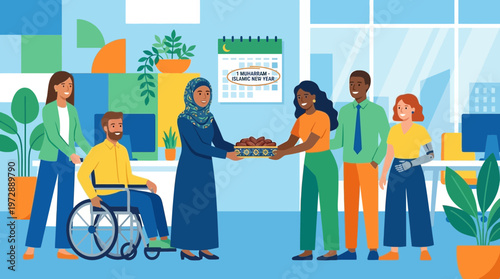 Diverse Office Team Celebrating Islamic New Year and Inclusion