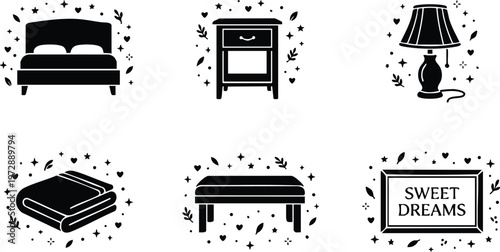 Black and white bedroom furniture set with sweet dreams sign in flat vector art