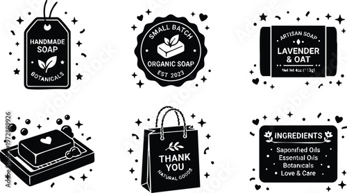 Black and white organic soap handmade label tags and packaging icons