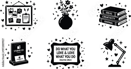 Creative office objects including books lamp vase and motivational sign