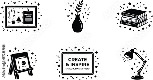Black and white icons of create and inspire quote frame books lamp and vase