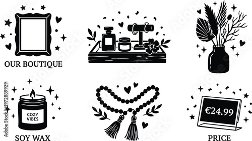 Black and white boutique icons with soy wax candle beads and price tag