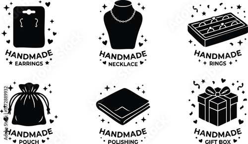 Black and white handmade earrings necklace rings pouch polishing gift box icons