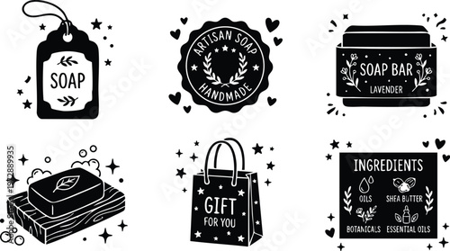 Black and white artisanal soap label gift bag and ingredients icons