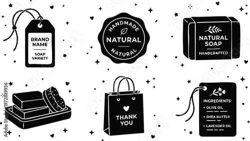 Black and white natural soap tags and label vector art set with stars and hearts