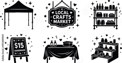 Black and white local crafts market tent sign and display shelves vector art