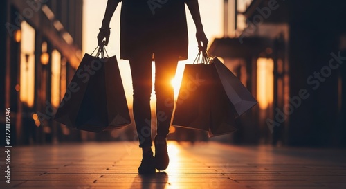 Silhouette of a woman with shopping bags walking towards sunset outdoors