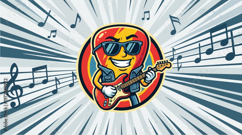 Cartoon character playing electric guitar.