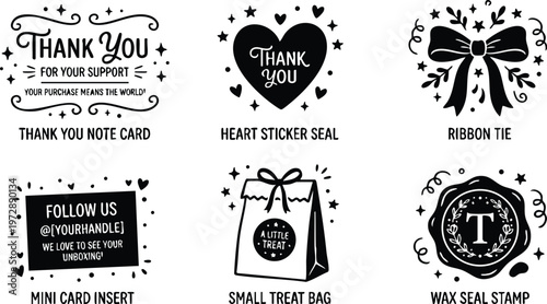 Black and white thank you note card heart sticker ribbon tie small treat bag wax seal stamp vector art