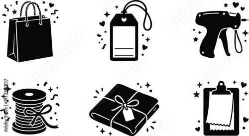 Shopping bag price tag gift wrap and receipt clipboards