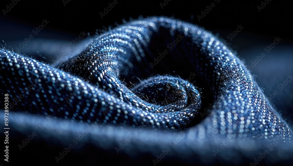 Fototapeta premium Close-up of a dark blue denim fabric, tightly wound in a spiral