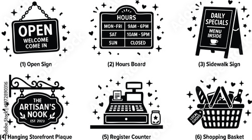 Black and white open sign hours board sidewalk sign storefront plaque cash register and shopping basket vector art