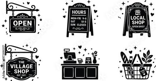 Local shop signage open hours and checkout counter with shopping basket