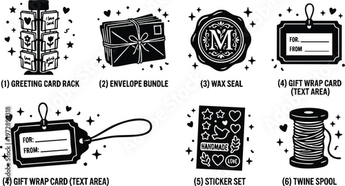 Black and white greeting card rack envelope bundle wax seal and gift wrap cards with stickers and twine spool vector art