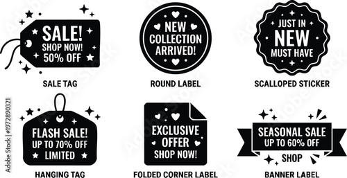 Black sale tag round label scalloped sticker hanging tag folded corner and banner labels with sale text