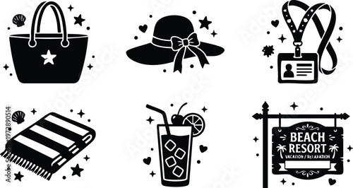 Black silhouette beach resort sign with summer accessories and refreshing drink vector art