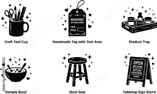 Black and white craft tool cup handmade tag product tray sample bowl stool seat and tabletop sign stand vector art