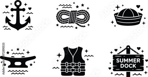 Black and white nautical anchor rope vest and summer dock sign vector art