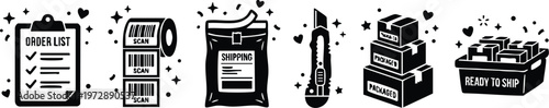 Black and white vector icons shipping order list barcode tape cutter boxes ready to ship