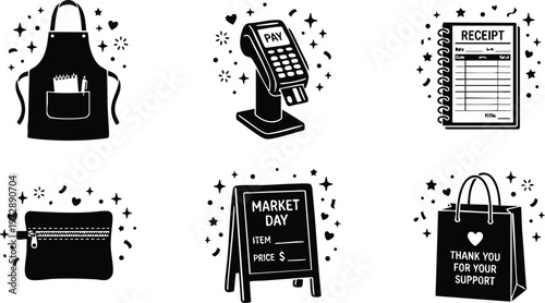 Black and white line art market day signs apron payment terminal and shopping bag with thank you message