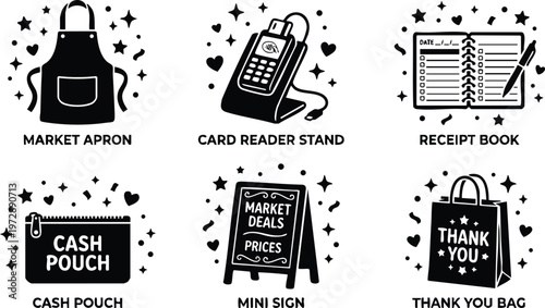 Black and white market apron card reader receipt book cash pouch mini sign and thank you bag icons