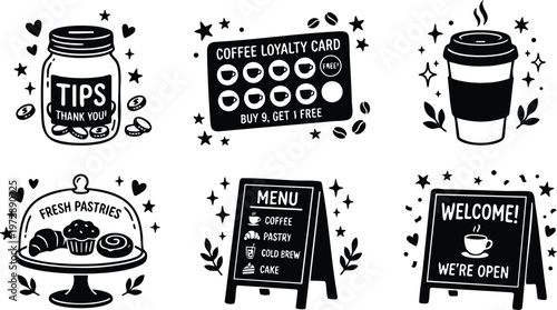 Black and white coffee shop icons tips jar loyalty card menu and welcome sign flat design