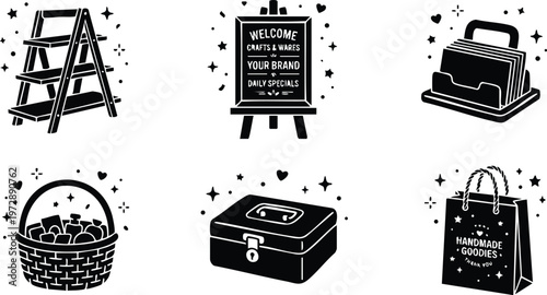 Black and white craft market icons with basket cash box sign and shopping bag