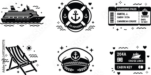 Black and white cruise ship life elements with captain hat boarding pass and deck chair vector art