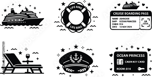 Black and white vector art cruise ship life ring boarding pass captain hat and cabin key card