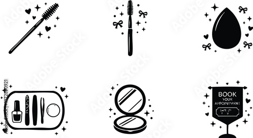 Black and white beauty tools makeup brush mascara mirror and appointment sign icons