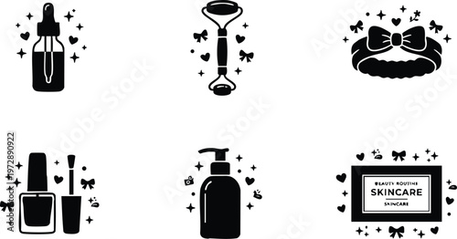 Black and white skincare icons including bottle dropper nail polish roller and soap bar art