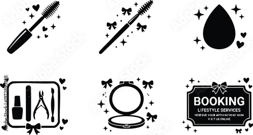Black and white makeup mascara brush nail kit cosmetic compact powder booking sign vector art