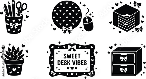 Black and white sweet desk vibes icons with hearts bows and stars