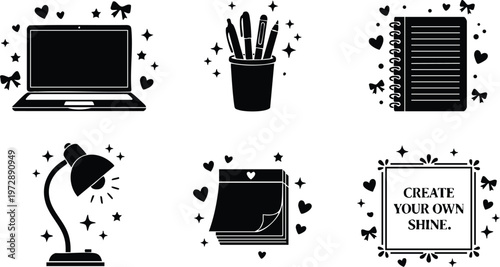 Black and white vector art office stationery icons with inspirational create your own shine quote