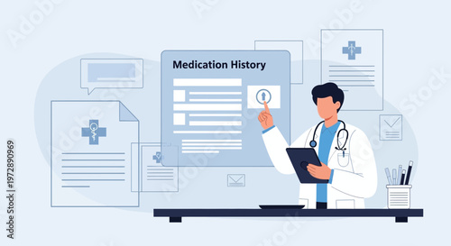 Doctor reviewing medication history on digital tablet, medical records and healthcare concept