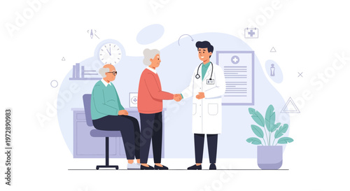 Doctor shaking hands with elderly couple in medical office, healthcare concept