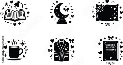 Black and white goodnight sweet dreams quote with moon book cup and robe icons