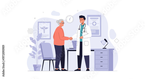 Doctor shaking hands with elderly patient in clinic office, healthcare consultation